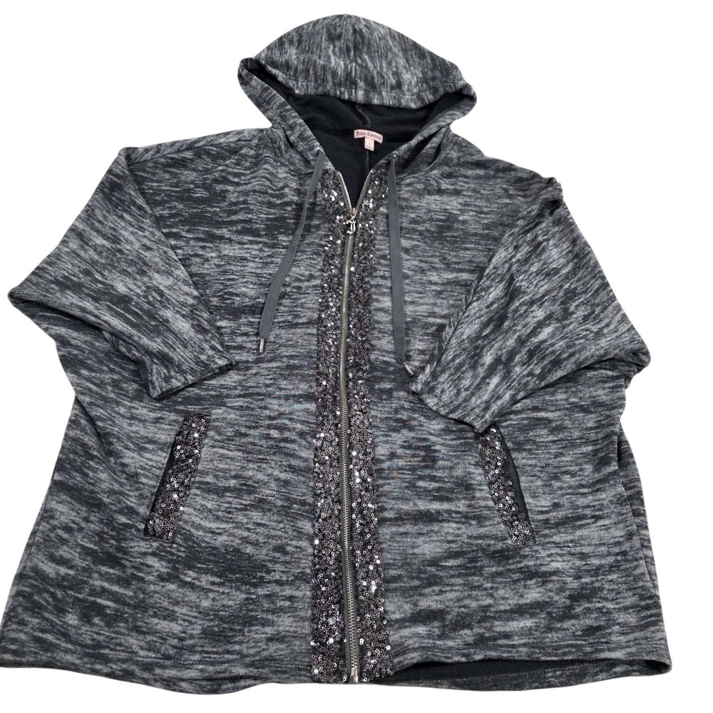 Juicy Couture Zip Hoodie Sequin Trim Marbled Gray Drawstring Pockets Size S Y2K